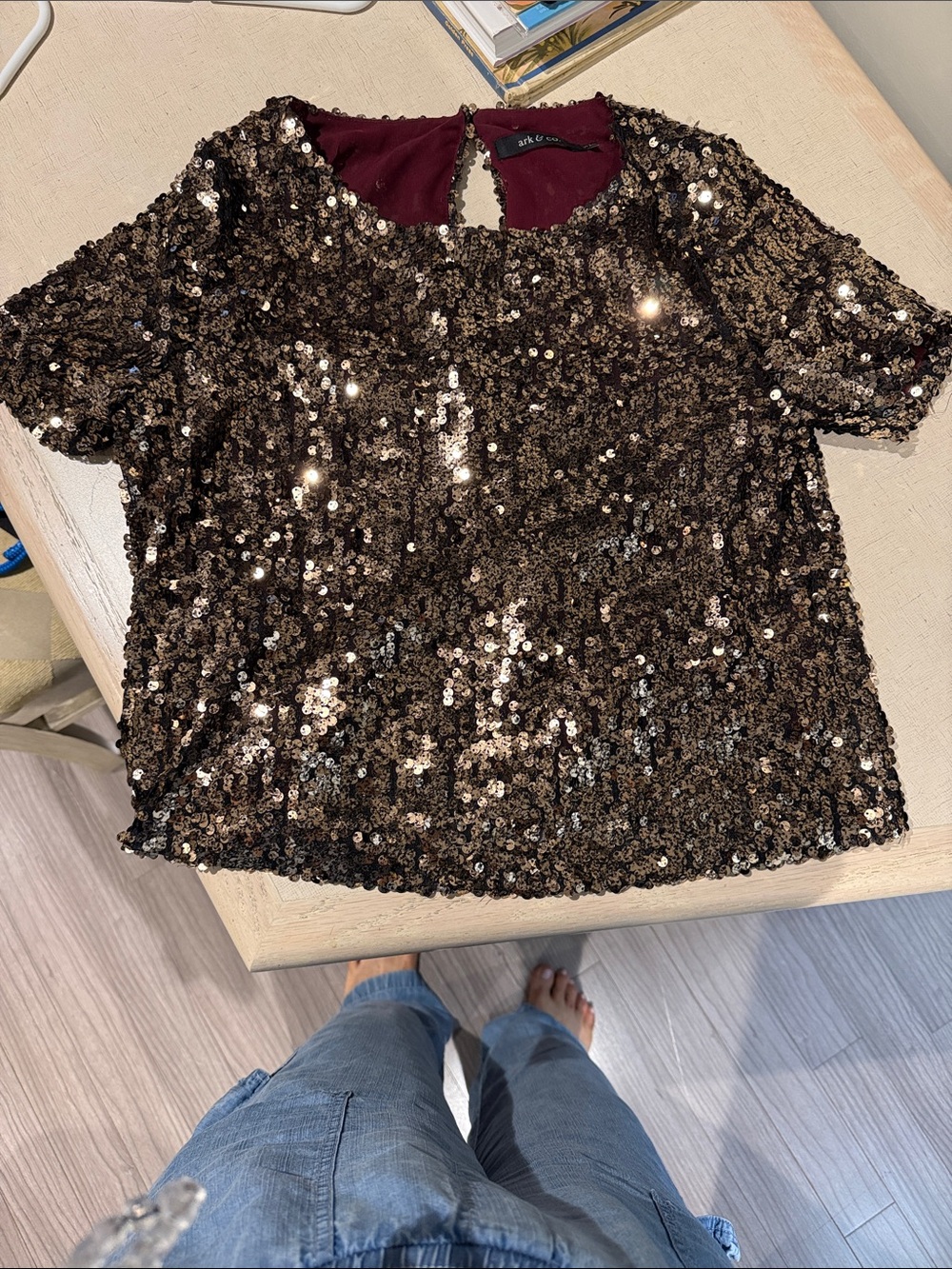 Sparkling Brown Sequin Short Sleeve Top - ark &co